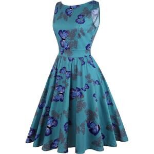 Owin Blue Butterfly Print Sleeveless Fit And Flare Dress Size L Large NWT